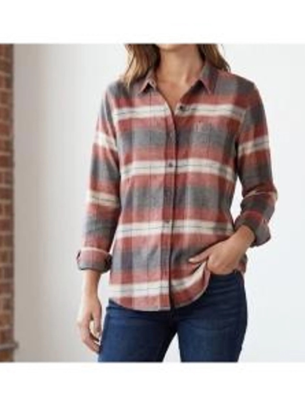 Weatherproof Women's Button-Down Plaid Shirt in Rust, Gray & White​​